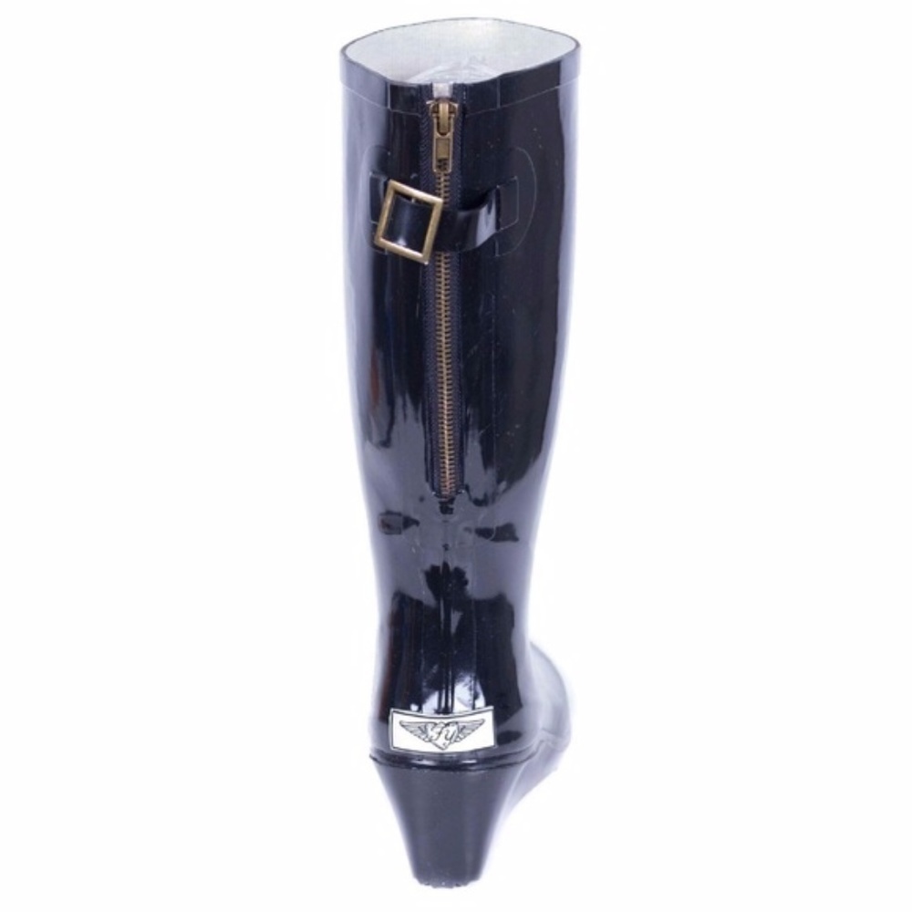 Women's Black Wedge Rubber Rain Boots Wellies - Picture 3 of 4